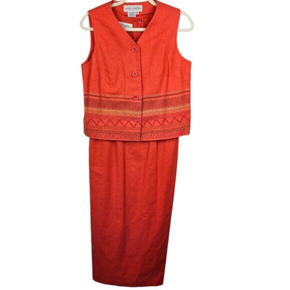 Maggy London Orange Embroidered Linen/Cotton Sleeveless Maxi Dress Vest Size 10 - Picture 15 of 15